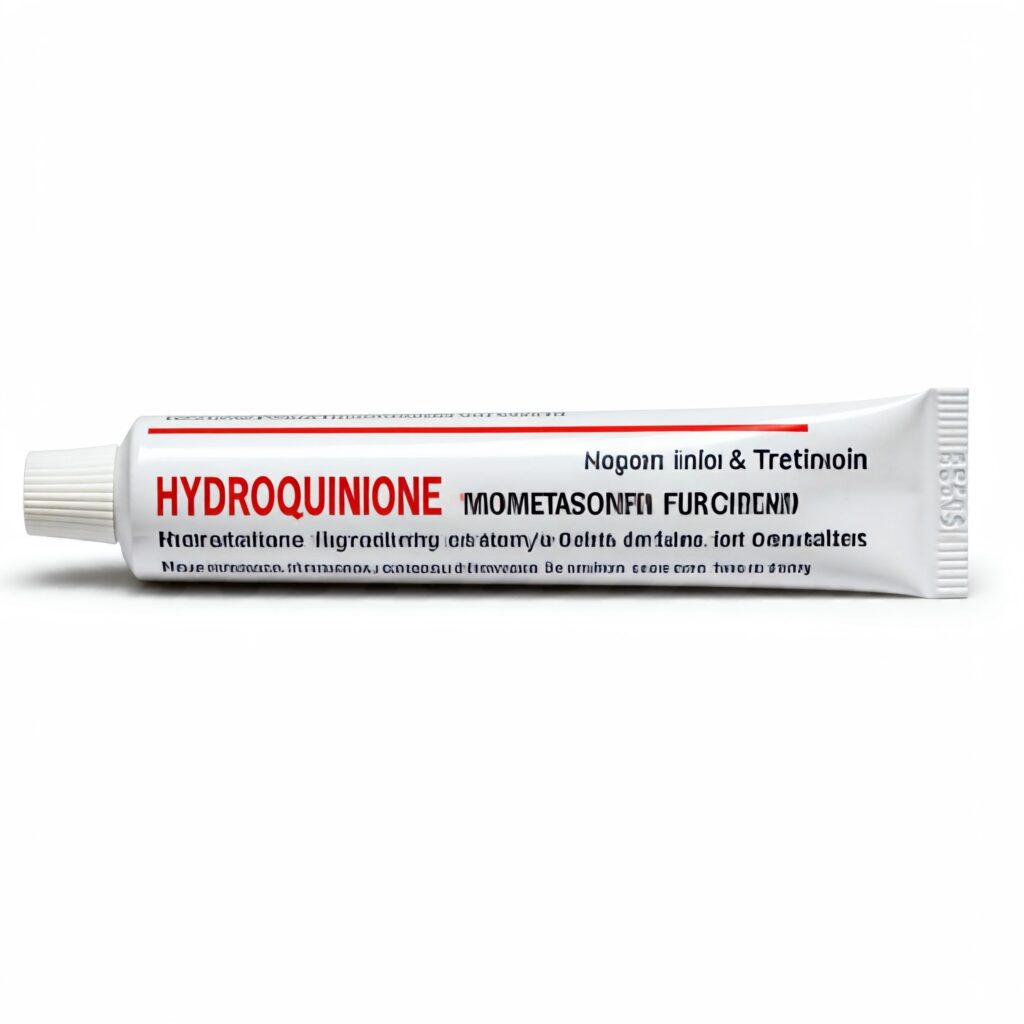 Tube of hydroquinone tretinoin mometasone furoate cream on a white background, showcasing the packaging with clear labeling of the key ingredients.