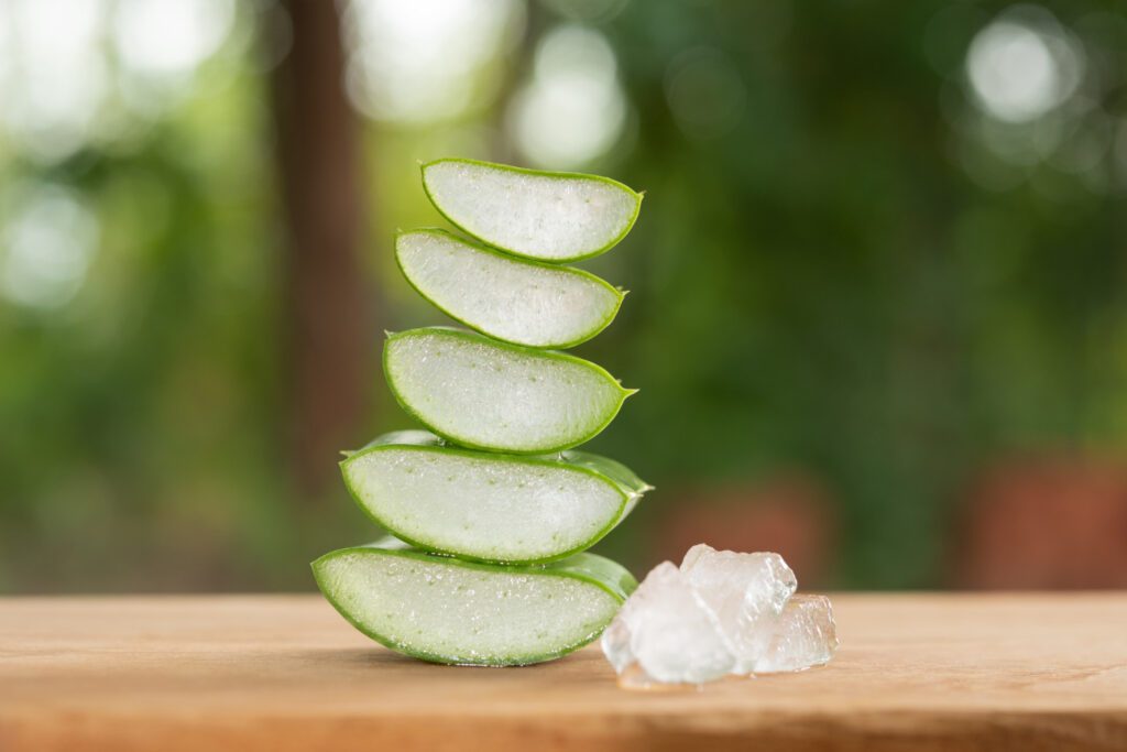 Pieces of fresh aloe vera gel placed on a wooden plate, ideal for natural tan removal from the face.